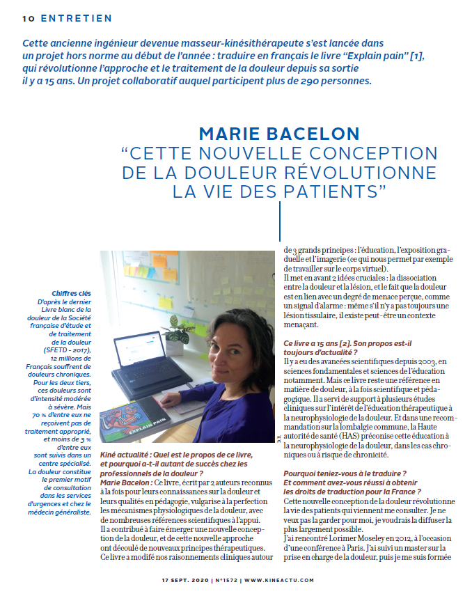 article sur le projet collaboratif Explain Pain dans Kiné Actualité