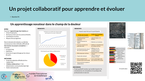 Poster présenté au congrès scientifique JFK 21 sur l'impact perçu du projet collaboratif autour de la traduction d'Explain Pain - Expliquer la douleur